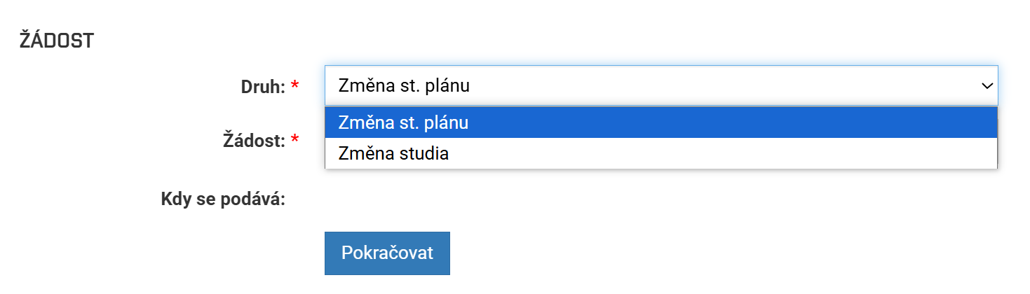 Obr. č. 2: Výber druhu žádosti a šablony