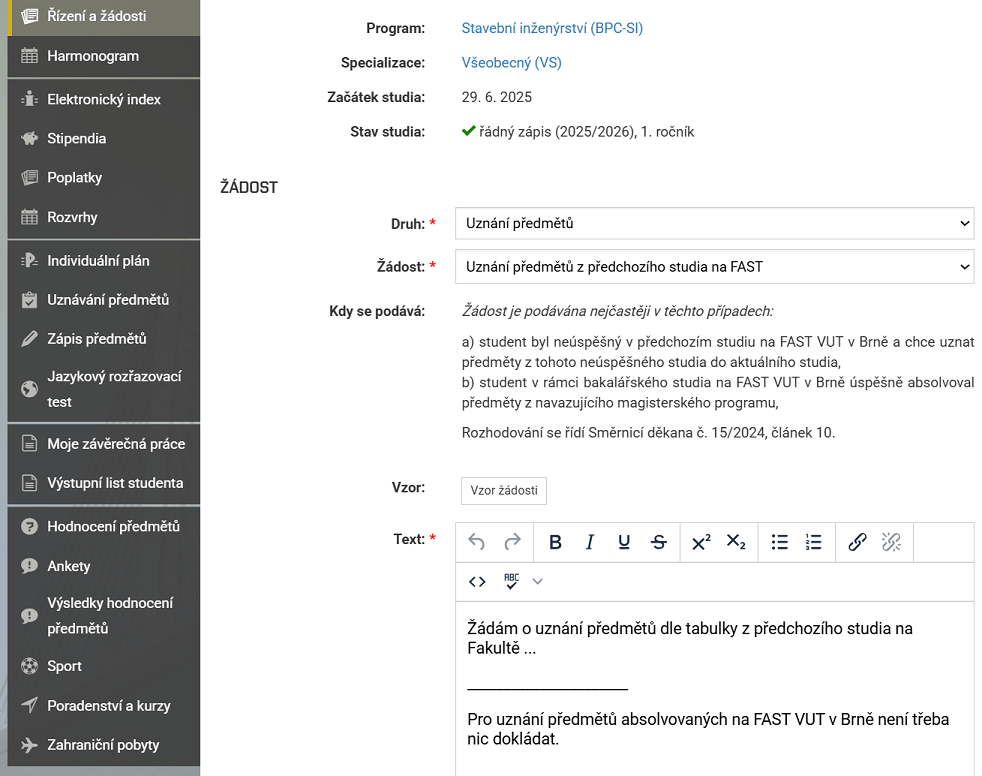 Obr. č. 1: Příprava žádosti o uznání předmětů v modulu Řízení a žádosti